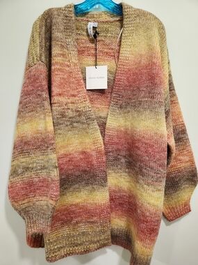 Women's Multicolor Open-Front Knit Cardigan in Rust & Yellow